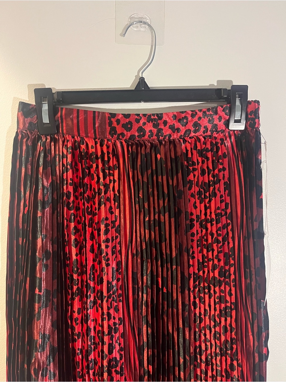 Truth NYC Red and Black Pleated Leopard Midi Skirt